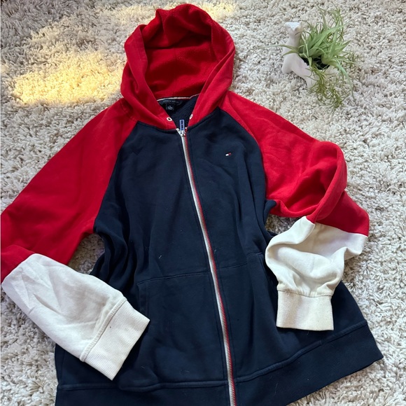 Tommy Hilfiger color block cute oversized baggy red and navy hoodie - Picture 1 of 5